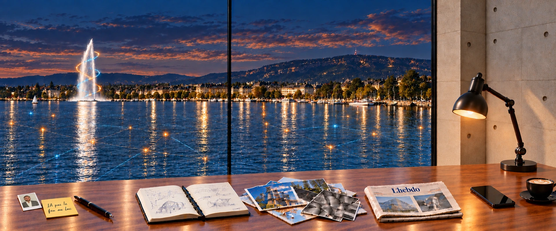 Un bureau face au lac, dont les objets ouvrent les rubriques du site.